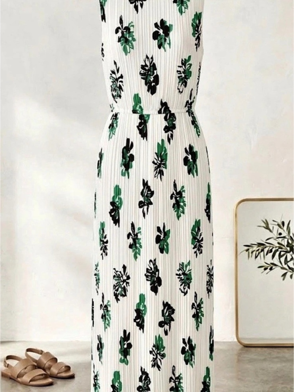 Banana Republic Floral Pleated Maxi Dress White & Green Size XL